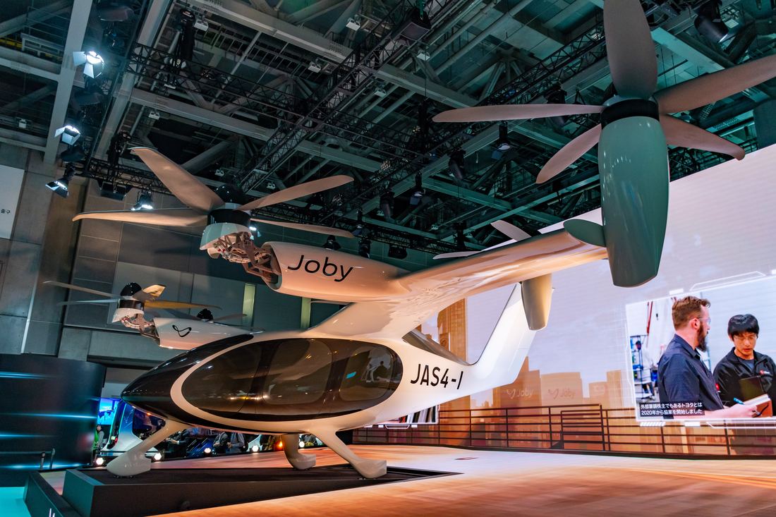 A full-size mock-up of the Joby S4 air taxi with tilting propellers