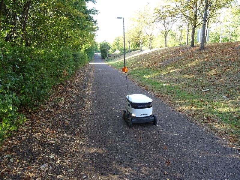 A delivery robot on a shared path in Milton Keynes, England