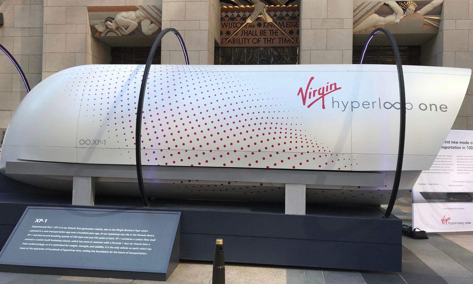 The white XP-1 hyperloop test pod seen from the side