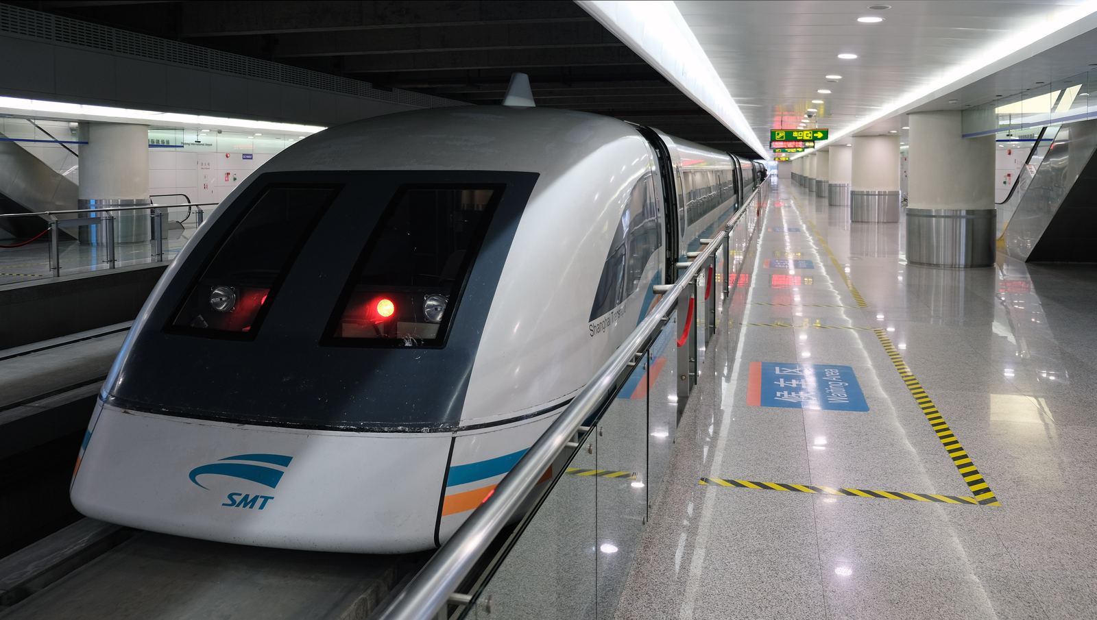A Shanghai maglev train on its raised concrete guideway