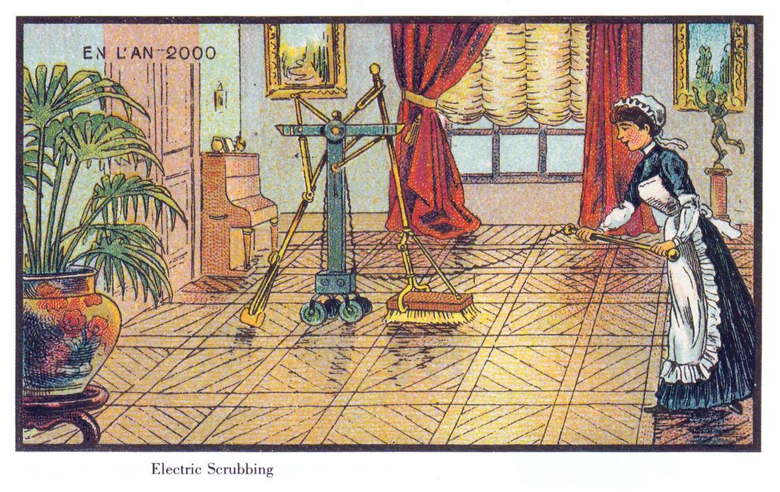 A 1900s French card showing a machine scrubbing a floor by itself