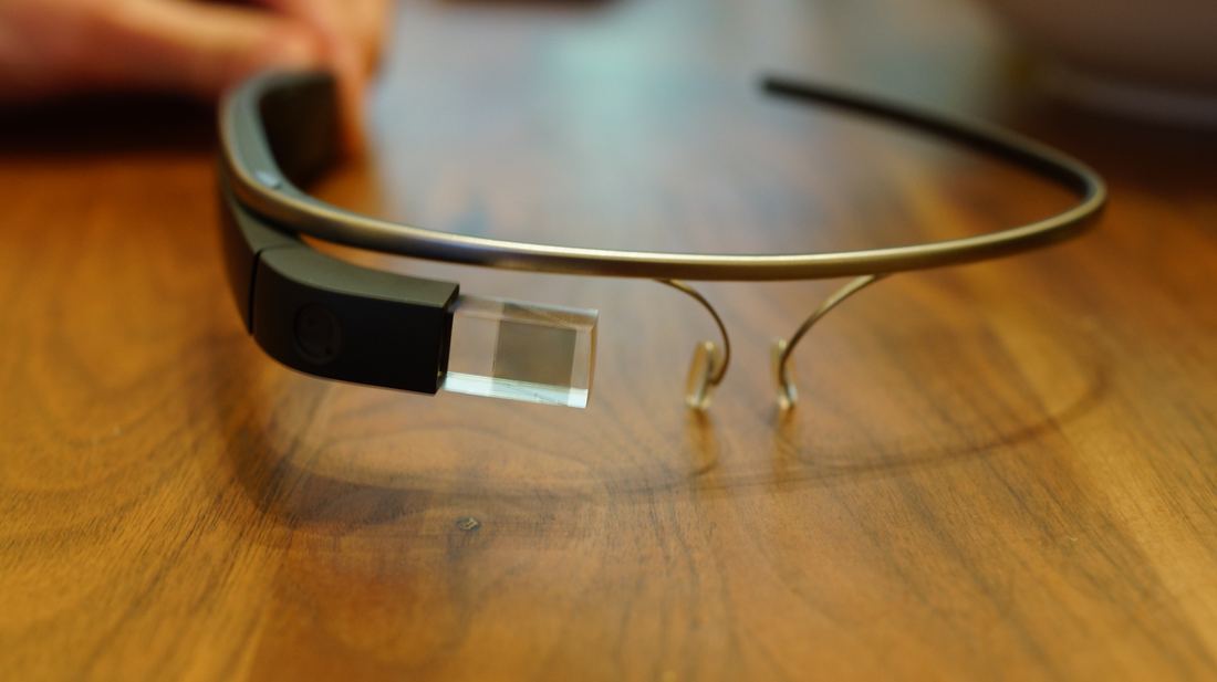 Google Glass Explorer Edition headset with its small prism display